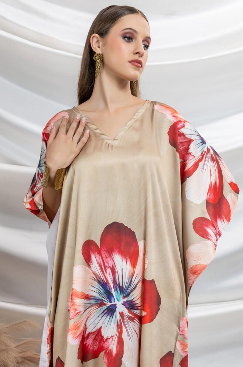Label Aarna Premium Soft Satin Kaftan Dress for Women | Digital Print | Free Size (M-3XL) | Hidden Adjustable Belt | Sunset Resort Dress | Chic | Coverup - Image 4