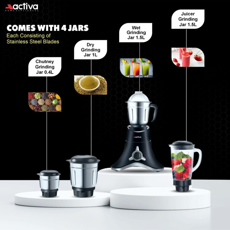 ACTIVA ABS Super Chef 900 Watts Powerful Motor Mixer Grinder 4 Jars For Chutney, Juice and Shakes, Fast Grinding for Wet & Dry Ingridients, Stainless Blade, 2 Years Warranty - Black - Image 5