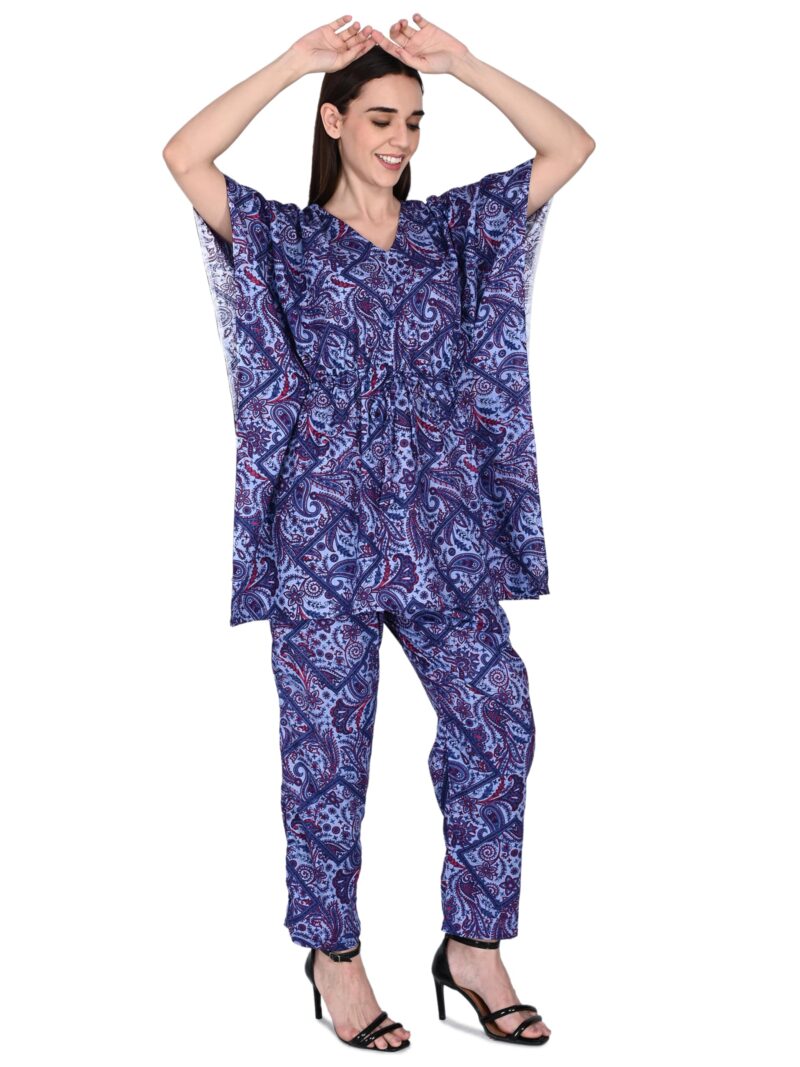 Bresdk Women Cotton Printed Kaftan Top & Pyjama Nightwear Set | Pack of 2 | Free Size Lounge Wear | Soft Breathable Fabric | One Side Pocket (Blue_Yellow, Free Size) - Image 5