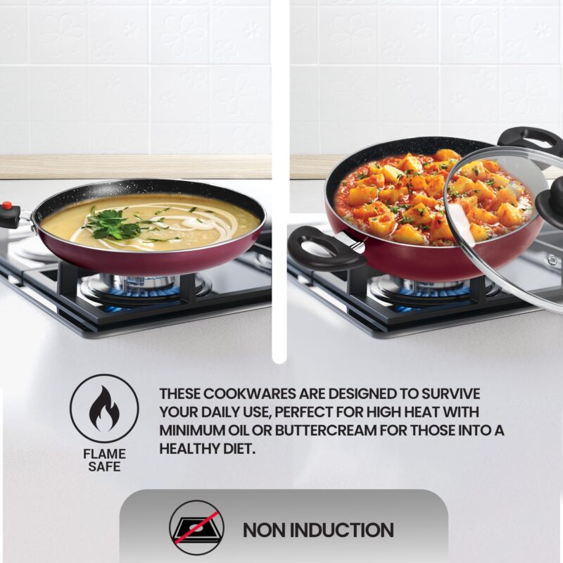Milton Pro Cook Kitchen Pride Plus Granito I Set of 7 Non Stick Cookware | Non Induction I Cooking Pan, Kadhai with Lid, Tawa, Nylon Laddle & Spatula I Peach Metallic - Image 2