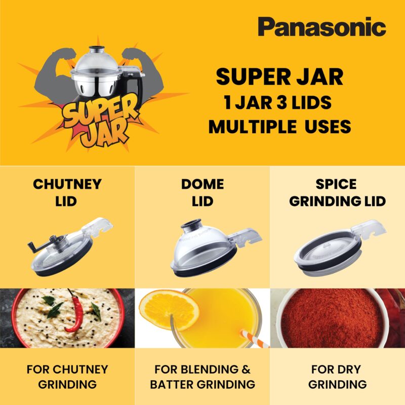 Panasonic Heavy Duty Mixer Grinder For Kitchen MX-AE486 (Light Blue) Monster Series Powerful 2000W Motor |3 Stainless Steel Multipurpose + 1 Juicer Jar |Warranty 2 Years on Product & 5 Years on Motor - Image 6