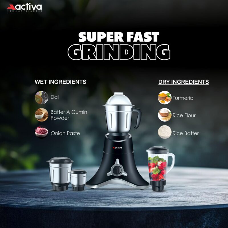 ACTIVA ABS Super Chef 900 Watts Powerful Motor Mixer Grinder 4 Jars For Chutney, Juice and Shakes, Fast Grinding for Wet & Dry Ingridients, Stainless Blade, 2 Years Warranty - Black - Image 6
