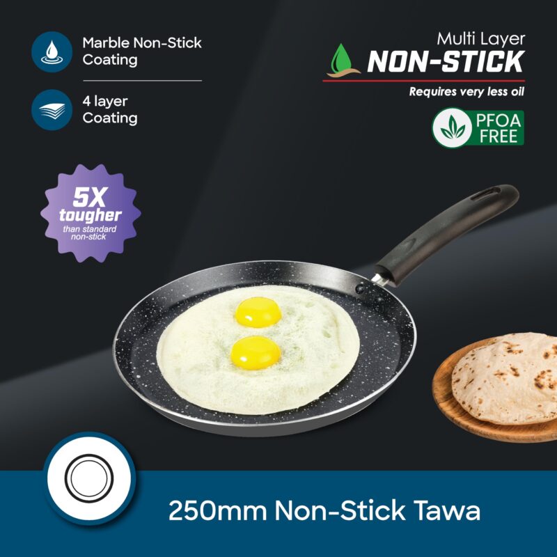 Sanford SF15201FT 25cm Non-Stick Tawa | 5-Layer Marble Coating | Heavy Bottom | Induction & Gas Compatible | Easy Grip Handle - Image 2