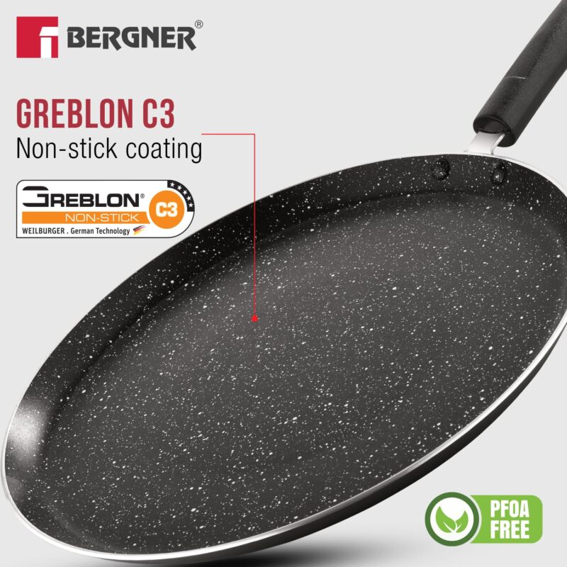 BERGNER Amarone 28cm Non-Stick Dosa Tawa, Durable, Non-Stick Coating, Marble Finish, Ergonomic Bakelite Handle with Excellent Grip, Pressed Aluminium, Large Size - Induction and Gas Stove Compatible - Image 3