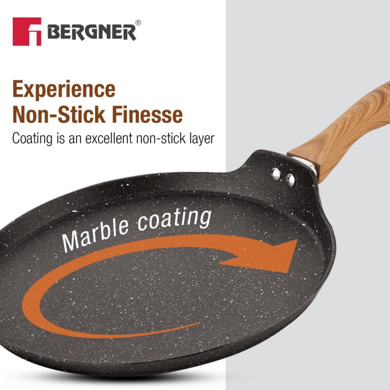 BERGNER Ivory Black Granite Non-Stick 28cm Dosa Tawa, 3-Layer Marble Healthy Non-Stick Coating, Forged Aluminium, PFOA Free, Non Toxic, Large Flat Dosa Tawa, Induction and Gas Stove Ready - Black - Image 2