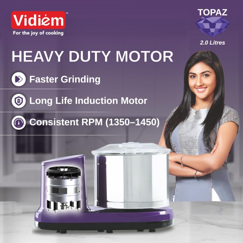 Vidiem Topaz 150W Wet Grinder for Idli Dosa Batter | 2L Stainless Steel Drum, Extra Wide Stone Rollers, High Torque Motor | ISI Certified | ABS Body | 5-Yr Motor Warranty | Lavender - Image 2