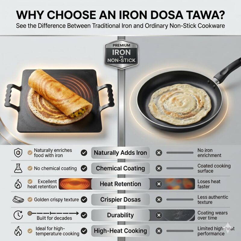 PRINA E-SHOP Iron Dosa Tawa with Free Spatula, No Chemical Coating, Flat Square Pan with Handle, Big Heavy Duty Tawa for Dosas, Roti, Chapati & Pathiri - 12 Inch (Black) - Image 6