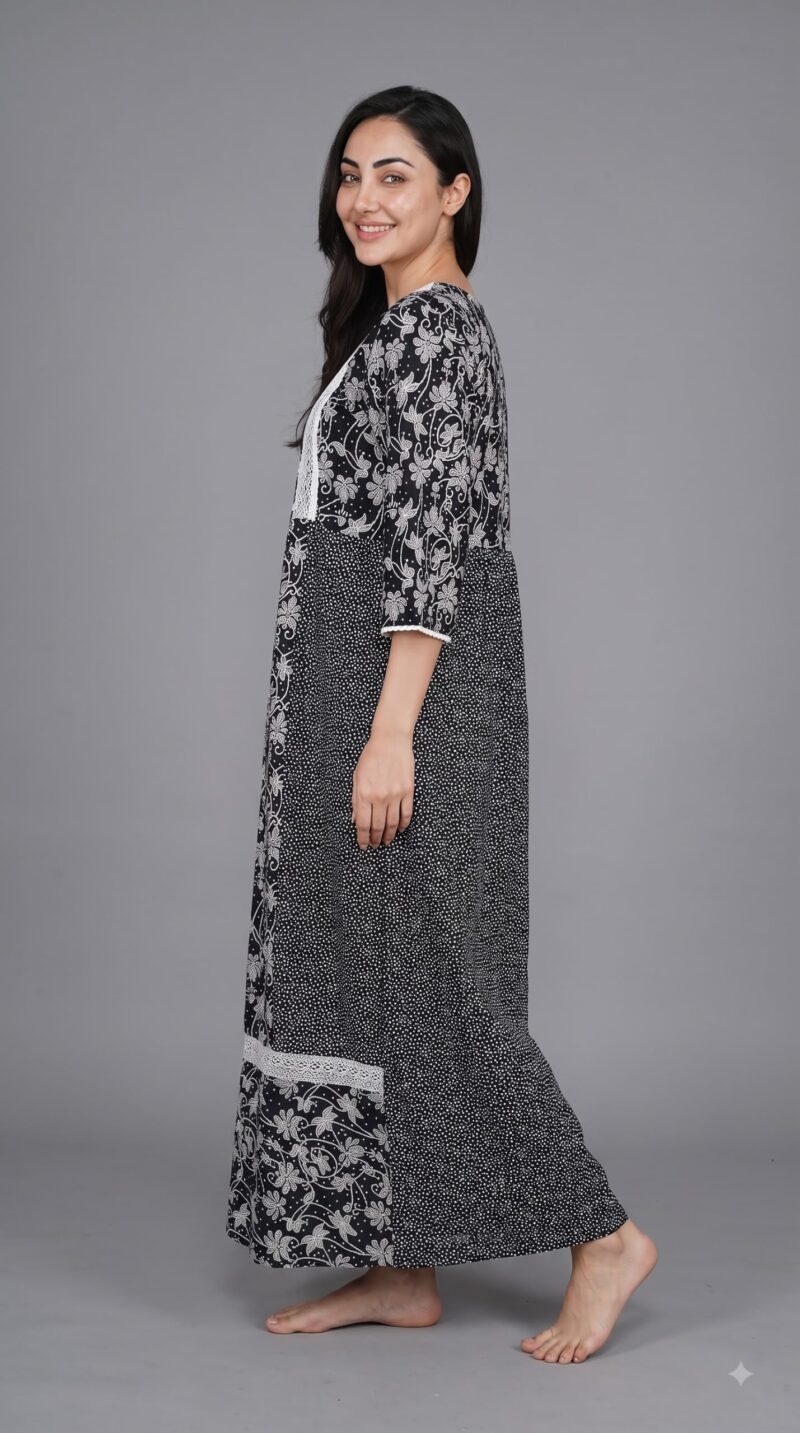 Evolove Farasha Kaftan Jalabiya Style Cotton Maxi Nighty for Women | V-Neck with Lace Trim | 3/4 Sleeves Full Length Nightdress, Jet Black, M - Image 3