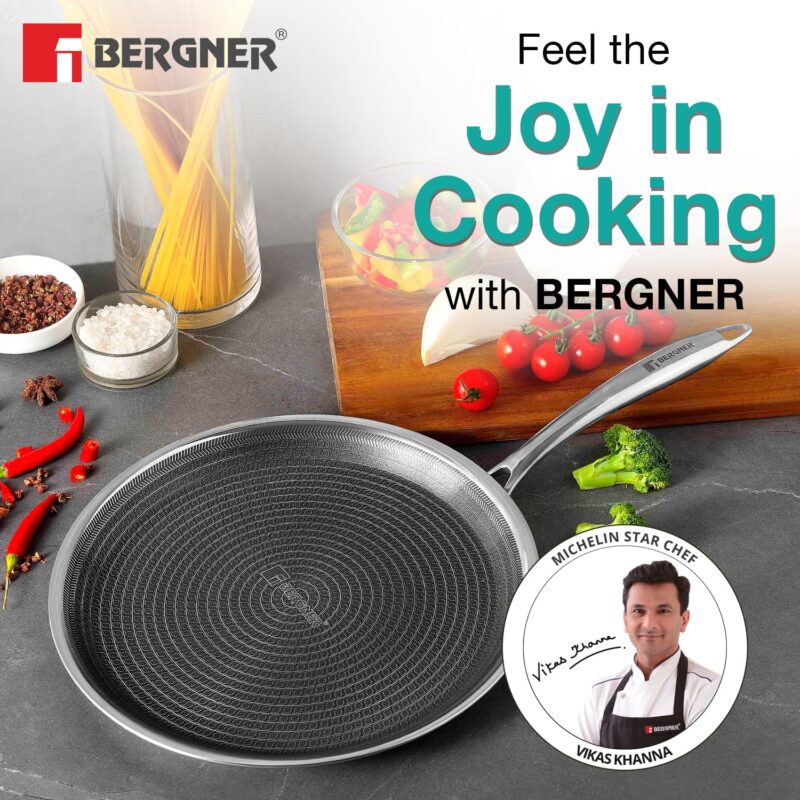 BERGNER Hi-Tech Giro Triply Stainless Steel 30cm Dosa Tawa, Honeycomb Mesh Non-Stick Coating, PFOA Free, Even Heat Distribution, Sturdy and Durable Stay Cool Handle - Induction and Gas Stove Ready - Image 2