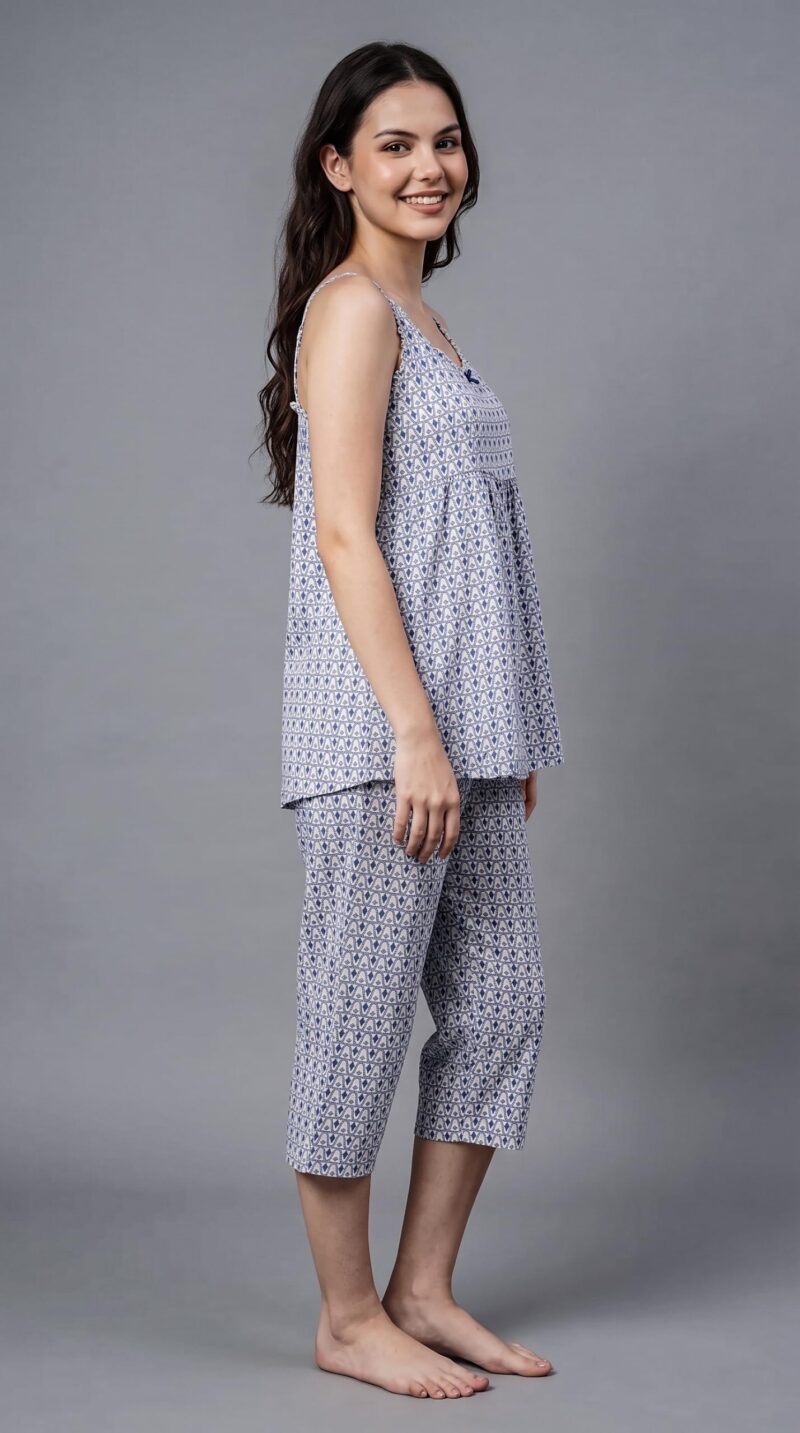 Evolove x Venus Rayon Slub Floral Capri Pajama Set for Women | V-Neck Short Sleeve Top & Capri Pants | Night Suit, Dusty Blue, M - Image 6