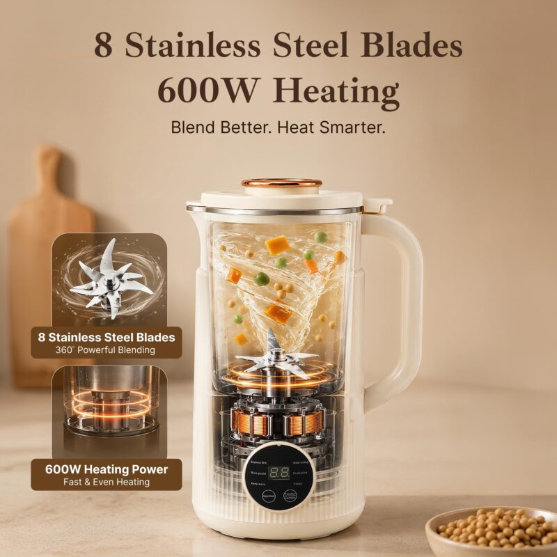 The Better Home Fumato 800ml Automatic Nut Milk Maker & Soup Maker | 6 Presets for Vegan Milk (Almond, Soy, Oat), Smoothies & Purees | 600W Fast Heating, 304 Stainless Steel Interior, 1 Year Warranty - Image 6