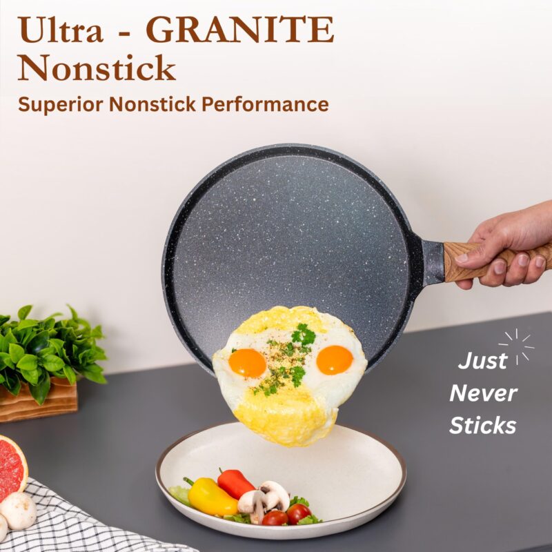 Kreme Cerastone Ultra Granite Nonstick Tawa with Wooden Handle, 11.5 Inch, 28cm, Superior Nonstick Performance, Made in India, Induction Compatible, PFOA Free, Black - Image 3