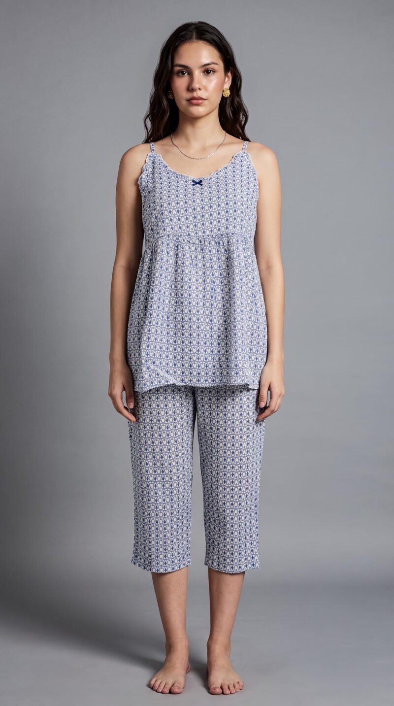 Evolove x Venus Rayon Slub Floral Capri Pajama Set for Women | V-Neck Short Sleeve Top & Capri Pants | Night Suit, Dusty Blue, M - Image 7