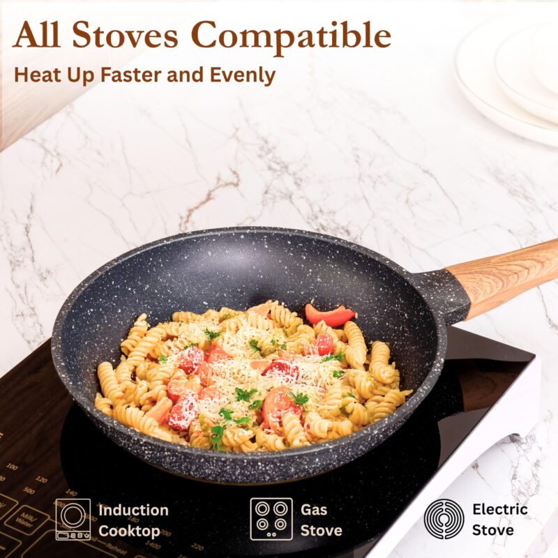 Kreme CeraStone Ultra Granite Nonstick Cookware Set 5 Pieces, Frying Pan 1.7L, Kadai 2.5L, Glass Lid and Wooden Cooking Spoons, PFOA Free, Induction Compatible, Made in India, Black - Image 7