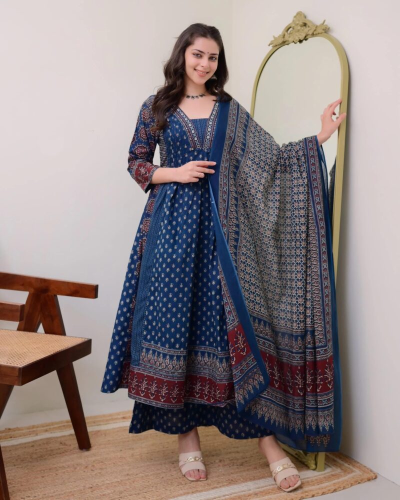 KLOSIA Women Printed Anarkali Kurta and Pant Set with Dupatta Teal Blue - Image 7