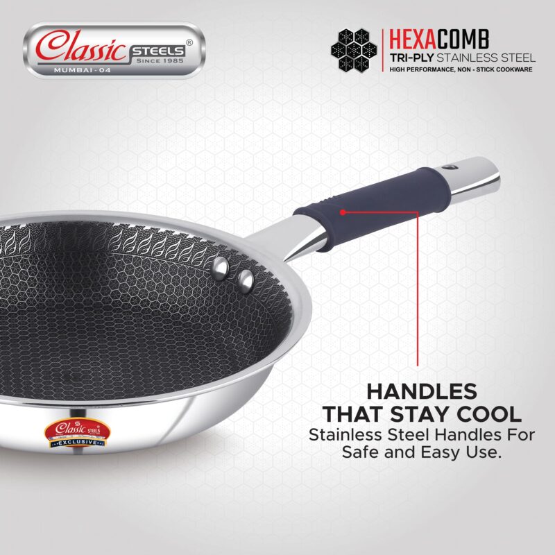 Classic Steels Hexa Comb Triply Frypan Without Lid – 1 LTR (20cm) | Stainless Steel Non-Stick Fry Pan | Induction & Gas Compatible | 2.5mm Thickness | Durable Stay Cool Silicon Handle - Image 5