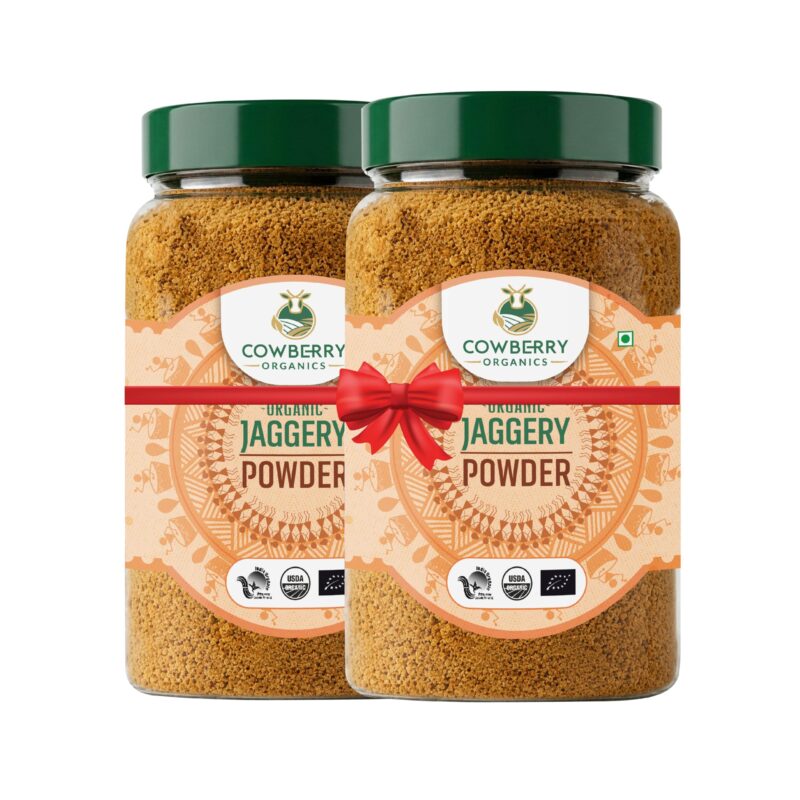 COWBERRY Organic Unbleached Jaggery Powder/Sugarcane Gur, Sulphurless Lump-Free | NPOP India, NOP USDA, EU Organic Certified | Lab-Tested 252+ Chemicals & Glyphosate Free | No Chemical Refining (1 kg (500 g each pack))