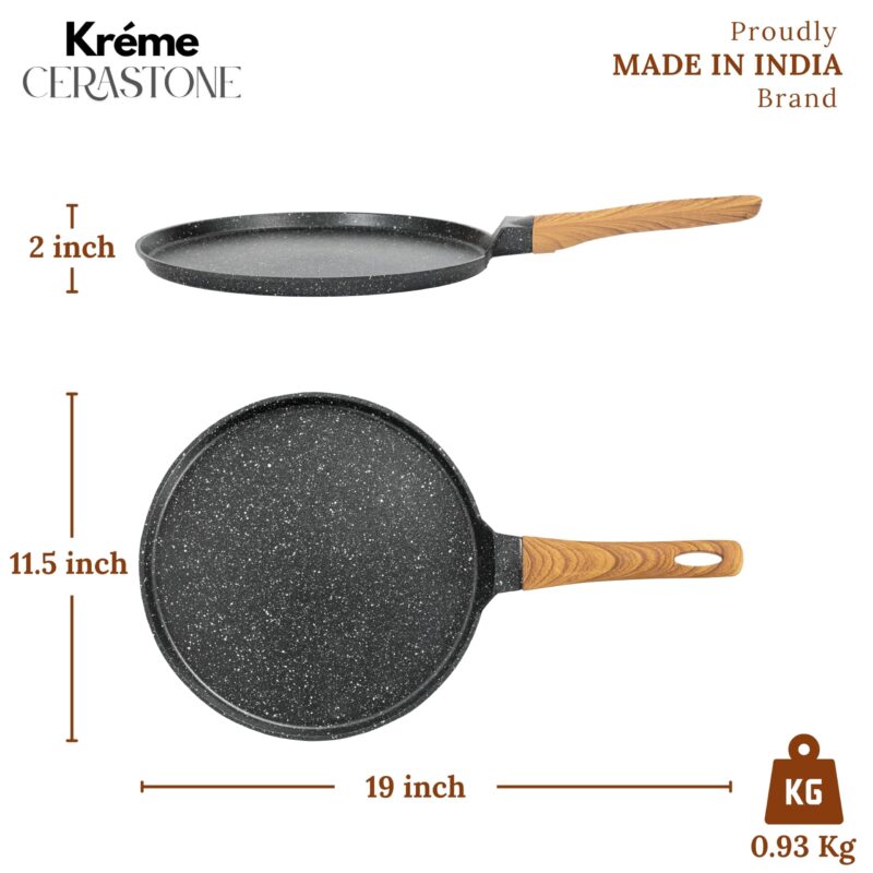 Kreme Cerastone Ultra Granite Nonstick Tawa with Wooden Handle, 11.5 Inch, 28cm, Superior Nonstick Performance, Made in India, Induction Compatible, PFOA Free, Black - Image 2