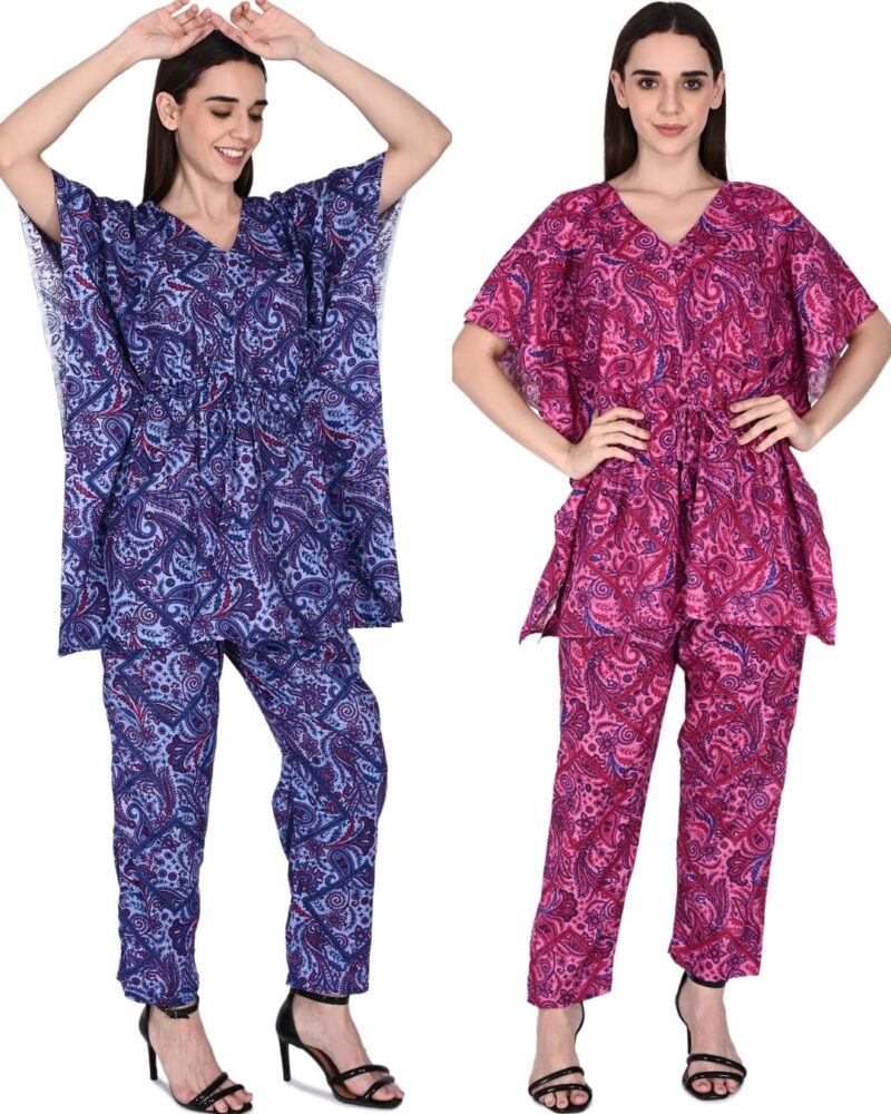 Bresdk Women Cotton Printed Kaftan Top & Pyjama Nightwear Set | Pack of 2 | Free Size Lounge Wear | Soft Breathable Fabric | One Side Pocket (Blue,Rani, Free Size)