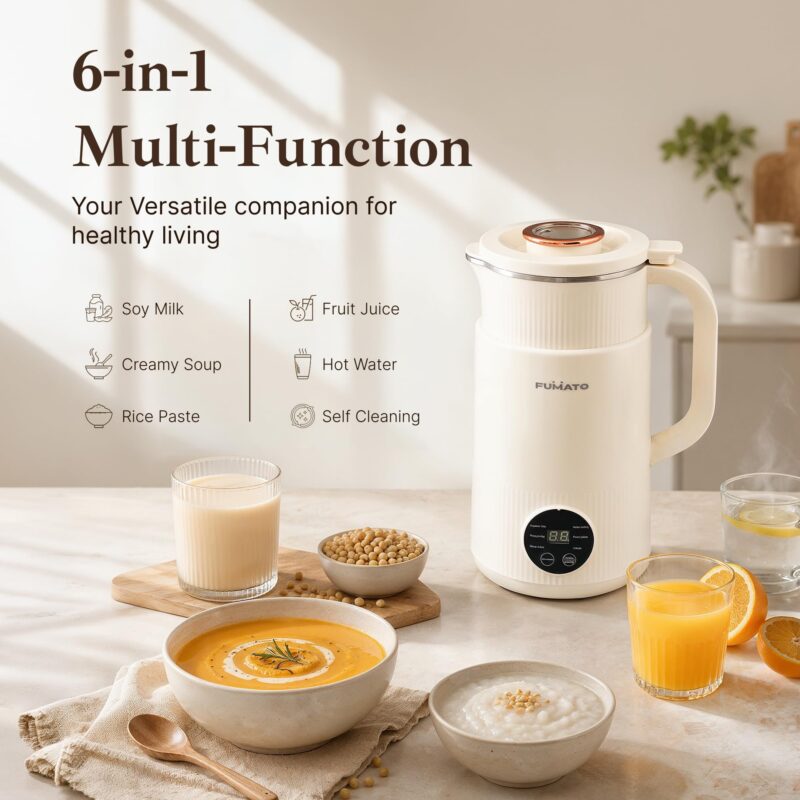 The Better Home Fumato 800ml Automatic Nut Milk Maker & Soup Maker | 6 Presets for Vegan Milk (Almond, Soy, Oat), Smoothies & Purees | 600W Fast Heating, 304 Stainless Steel Interior, 1 Year Warranty - Image 4