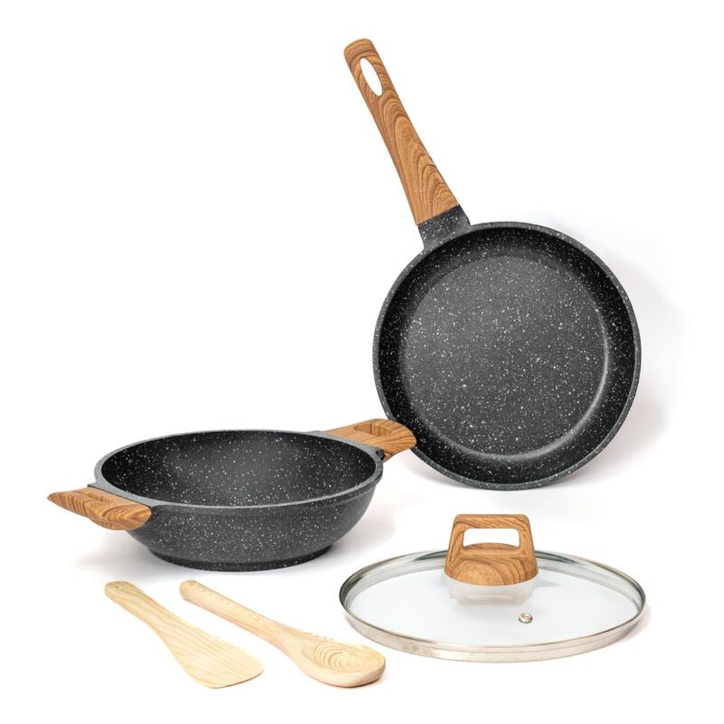 Kreme CeraStone Ultra Granite Nonstick Cookware Set 5 Pieces, Frying Pan 1.7L, Kadai 2.5L, Glass Lid and Wooden Cooking Spoons, PFOA Free, Induction Compatible, Made in India, Black