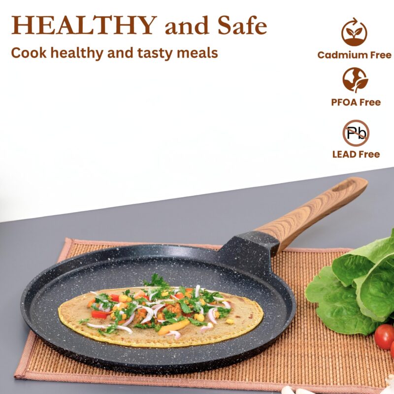 Kreme Cerastone Ultra Granite Nonstick Tawa with Wooden Handle, 11.5 Inch, 28cm, Superior Nonstick Performance, Made in India, Induction Compatible, PFOA Free, Black - Image 7