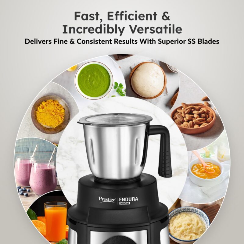 Prestige Endura 1000 Watt Mixer Grinder with 6 Jars | Heavy-Duty Ball Bearing Motor | 3 Stainless Steel Jars + 1 Juicer + 1 Mix-O-Keep + 1 Multi-Utility | SS Baldes | Black | 5Y Motor Warranty - Image 7