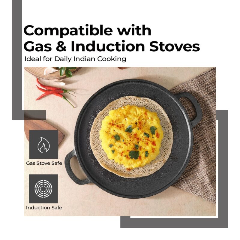 Lifelong Cast Iron 2-in-1 Dosa Tawa & Grill with Wooden Spatula (30cm) | Double-Sided Tawa/Pan for Roti, Dosa, Chapati, Fish & Steak | Naturally Nonstick, Gas & Induction Cookware | Reversible Cooking - Image 4