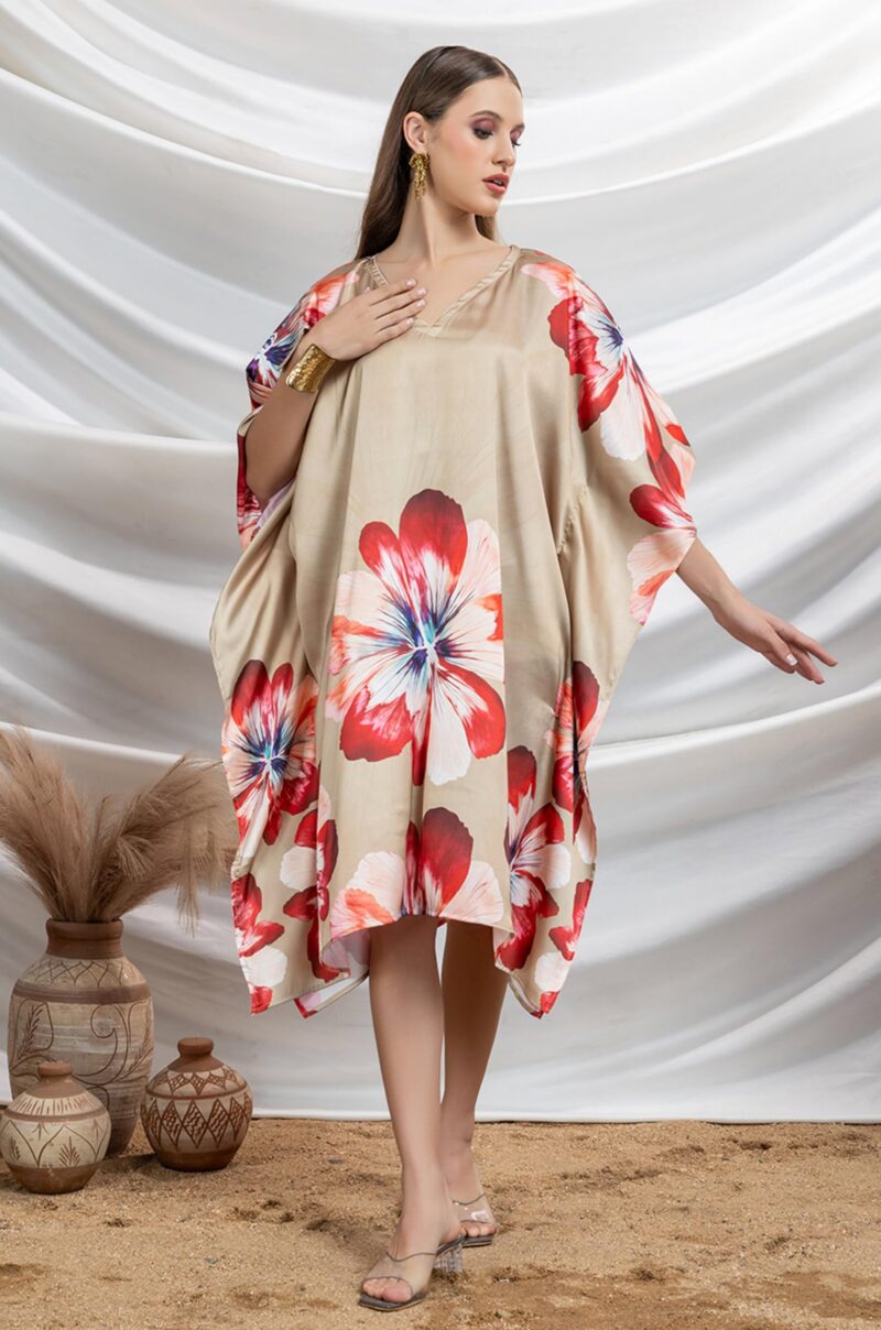 Label Aarna Premium Soft Satin Kaftan Dress for Women | Digital Print | Free Size (M-3XL) | Hidden Adjustable Belt | Sunset Resort Dress | Chic | Coverup - Image 7