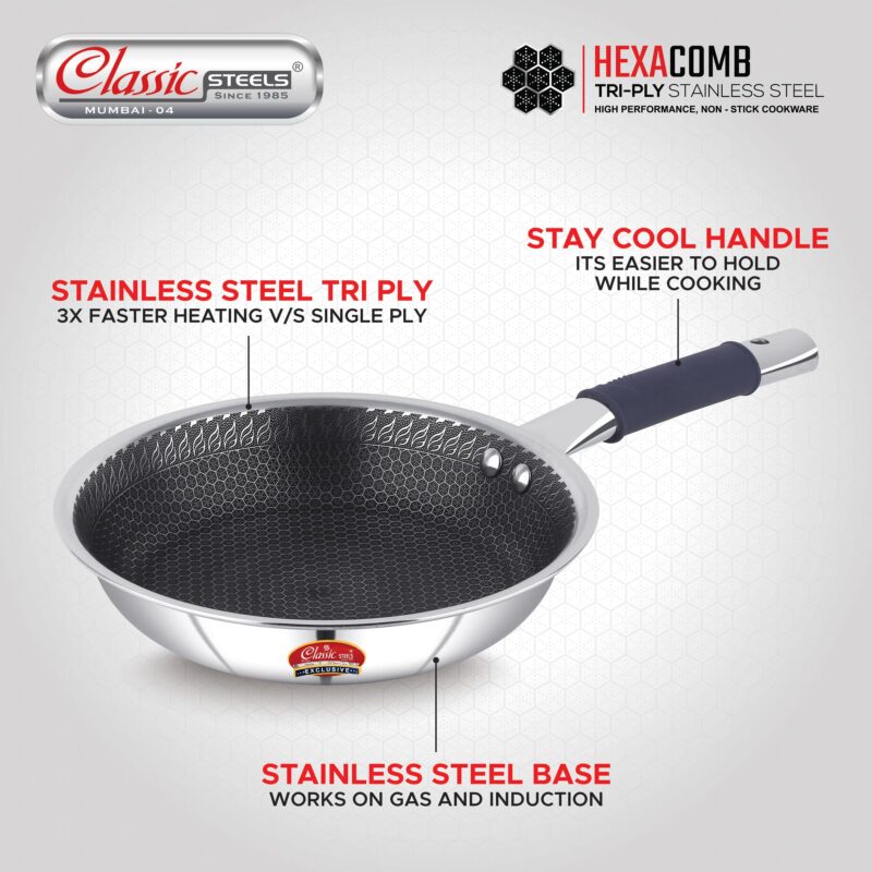 Classic Steels Hexa Comb Triply Frypan Without Lid – 2 LTR (24cm) | Stainless Steel Non-Stick Fry Pan | Induction & Gas Compatible | 2.5mm Thickness | Durable Stay Cool Silicon Handle - Image 3