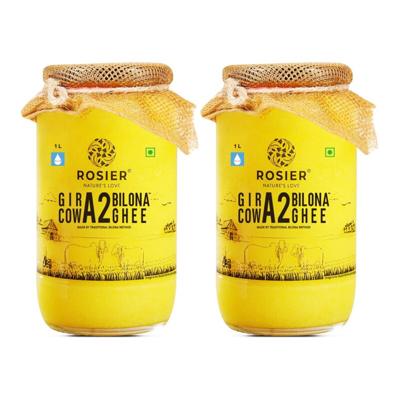 ROSIER A2 Gir Cow Ghee | (1 Litre x 2 Glass Bottle) | Traditional Bilona Method A2 Gir Cow Ghee | Curd-Churned | Grassfed, Pure and Healthy Desi Cow Ghee
