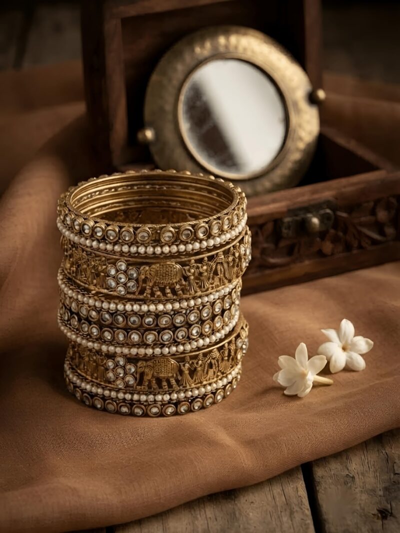 Kundan Bangle Set for Women | Pearl Bangles | Elephant design kangan bracelet | Traditional Pearl & White Stone Studded Polki Bridal Kada Set | Indian Ethnic Designer Bangles for Wedding, Festive, Party,Eid , Diwali & Karwa Chauth, Bangle Set, 2.10 - Image 2