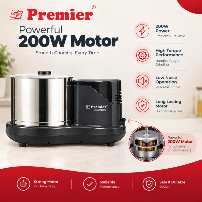 Premier Smart 2 Litre Table Top Wet Grinder 200 Watts 230V | Stainless Steel Drum | Free Coconut Scraper & Dough Kneader | 2 Stone Grinding | Easy Maintenance | 2 Years Motor Warranty | PG512 - Image 6