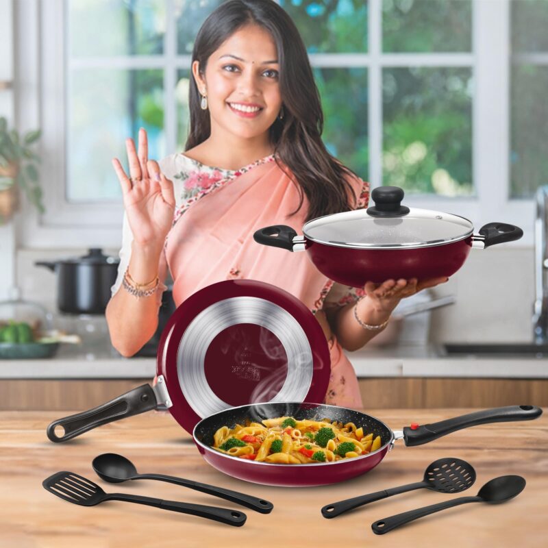 Milton Pro Cook Kitchen Pride Plus Granito I Set of 7 Non Stick Cookware | Non Induction I Cooking Pan, Kadhai with Lid, Tawa, Nylon Laddle & Spatula I Peach Metallic - Image 5