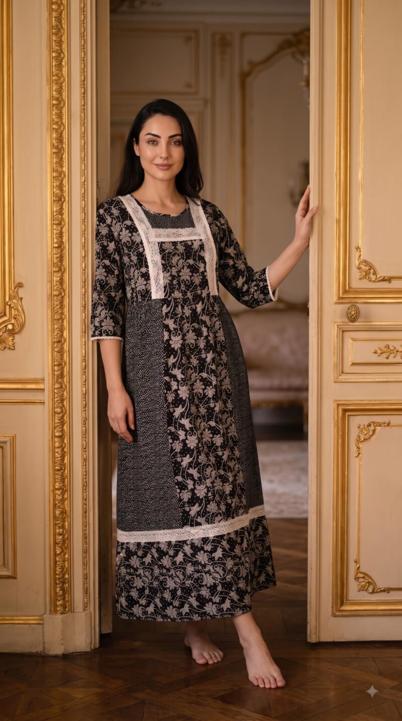 Evolove Farasha Kaftan Jalabiya Style Cotton Maxi Nighty for Women | V-Neck with Lace Trim | 3/4 Sleeves Full Length Nightdress, Jet Black, L - Image 7
