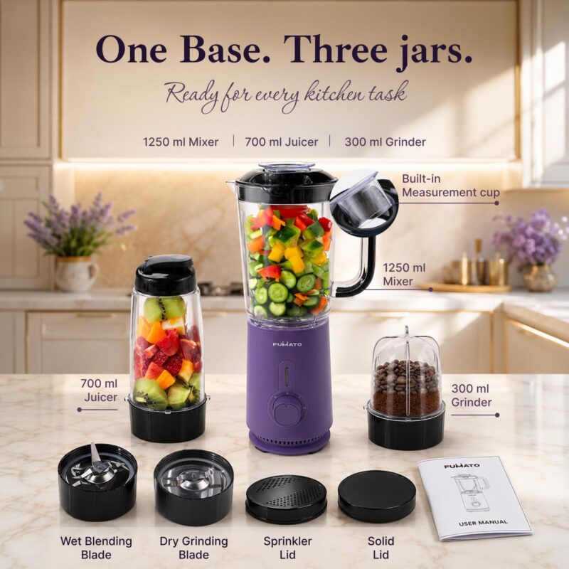 The Better Home Fumato Nutri Blender & Mixer Grinder | 3 Unbreakable BPA Free Jars, Smoothie, Masala, Chutney | 2 Stainless Steel Blades | 3-Speed 100% Copper Motor | 1 Yr Warranty (Purple) - Image 3