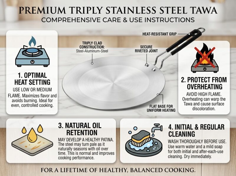 Triply Stainless Steel Tawa 26cm | 4mm Thick, 1Kg | Induction & Gas Compatible | SS 304 Interior | 100% Toxin-Free, No Chemical Coating | Even Heat, No Burning | Roti, Paratha, Chapati - Image 5