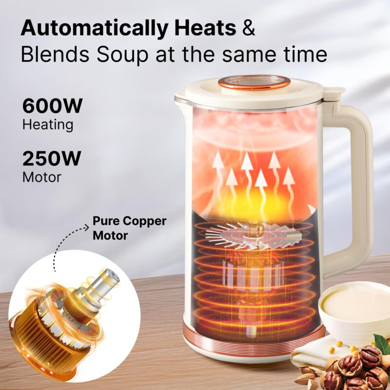 FUMATO Soup Maker | Multifunctional Vegan Milk Machine | Make Vegan Milk From Nuts Almonds Soya Oats | Boil Water Fruit Juice | PP Outer Shell 304 Stainless Steel Inner | 800ml | Auto Shutoff - Image 3