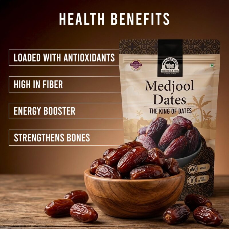 Wonderland Foods 200g Premium Medjool Dates Pouch | King of Dates | Dry Fruits Healthy & Nutritious Soft Khajoor, Khajur Rich In Iron, Fibre & Vitamins, Fresh - Image 5