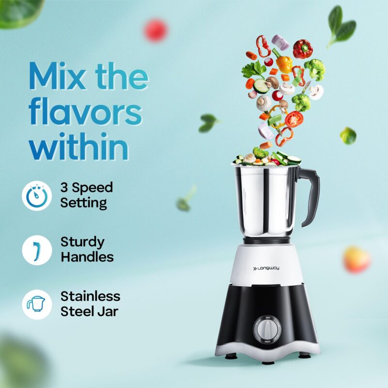 Longway Super Dlx Mixer Grinder with Kwid 1100W Dry Iron | 500 W Powerful Motor | 3 Jars for Grinding, Mixing, Juicing | 2 Years Warranty (Black & Gray, Combo Offer) - Image 4