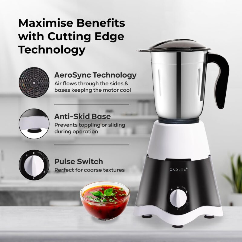 CADLEC JarGenie 750 Watt Mixer Grinder with 4 Jars | High-Power Motor for Grinding, Chutney, Mixing, Juicing & Blending | Durable ABS Body | 2-Year Warranty | Black & White - Image 4