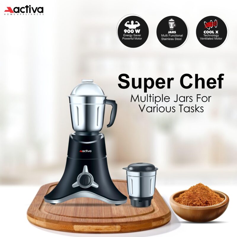 ACTIVA ABS Super Chef 900 Watts Powerful Motor Mixer Grinder 4 Jars For Chutney, Juice and Shakes, Fast Grinding for Wet & Dry Ingridients, Stainless Blade, 2 Years Warranty - Black - Image 3