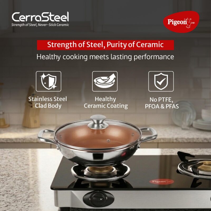 Pigeon Cerrasteel 24cm Ceramic Kadai| Non-Stick| Ceramic Coated| Copper - Image 2