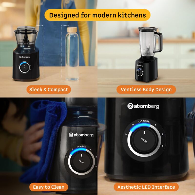 Atomberg Zenova Fresh Juicer Mixer Grinder For Kitchen | Intelligent BLDC Motor | Grind Like 1000 Watt | Coarse Mode for Silbatta Texture | 4 Jar With Chopper | Coconut Milk Maker | Hands-Free | Black - Image 6