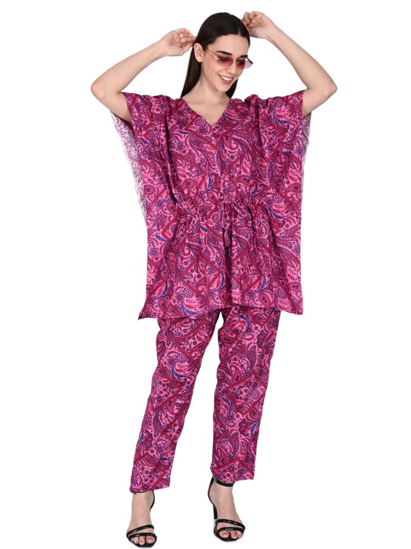Bresdk Women Cotton Printed Kaftan Top & Pyjama Nightwear Set | Pack of 2 | Free Size Lounge Wear | Soft Breathable Fabric | One Side Pocket (Yellow,Rani, Free Size) - Image 7