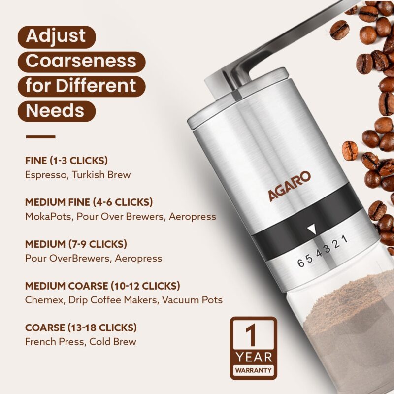 AGARO Elite Manual Coffee Grinder, Ceramic Grinder with Glass jar, 6 Adjustable Settings, Stainless Steel Body, Tooth Handle, No Power, Whole Bean, Drip Coffee, Espresso, Silver - Image 7