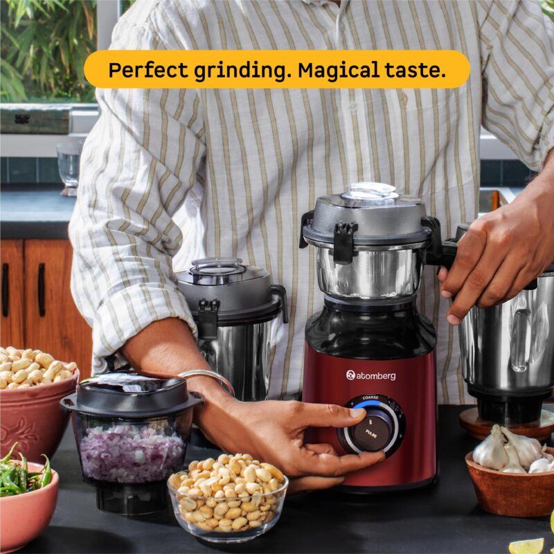 Atomberg Zenova Mixer Grinder For Kitchen | Intelligent BLDC Motor | Grinds Like 1000 Watt | Unique Coarse Mode for Silbatta Texture | 4 Jars With Chopper | Hands-Free | Safety Features | Red Wine - Image 9