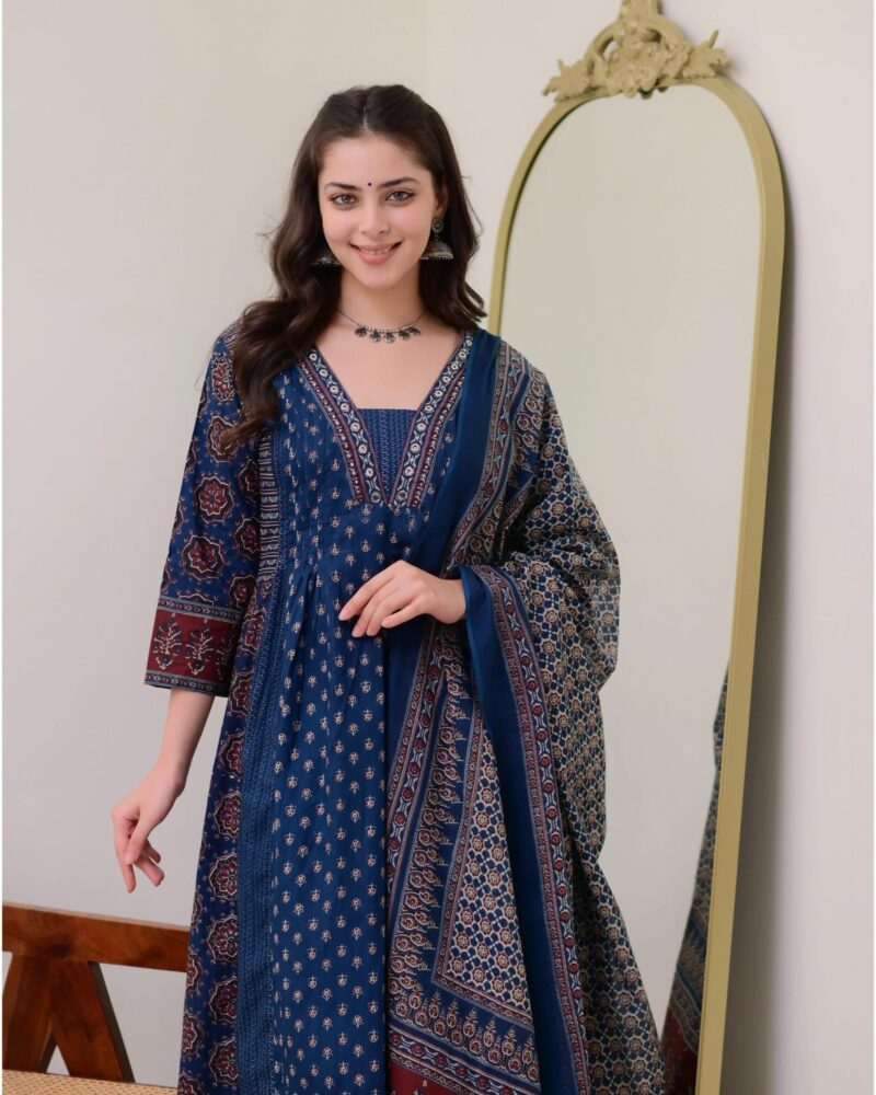 KLOSIA Women Printed Anarkali Kurta and Pant Set with Dupatta Teal Blue - Image 4