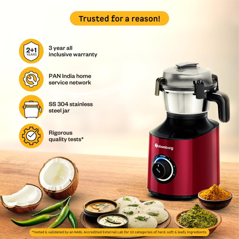 Atomberg Zenova Mixer Grinder For Kitchen | Intelligent BLDC Motor | Grinds Like 1000 Watt | Unique Coarse Mode for Silbatta Texture | 4 Jars With Chopper | Hands-Free | Safety Features | Red Wine - Image 8
