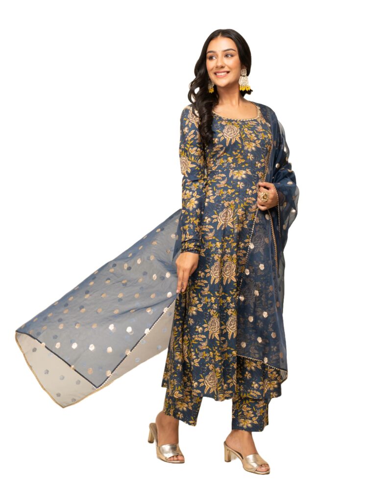 FIORRA Women's Navy Blue Cotton A-line Kurta with Pant and Dupatta SET0112 - Image 2